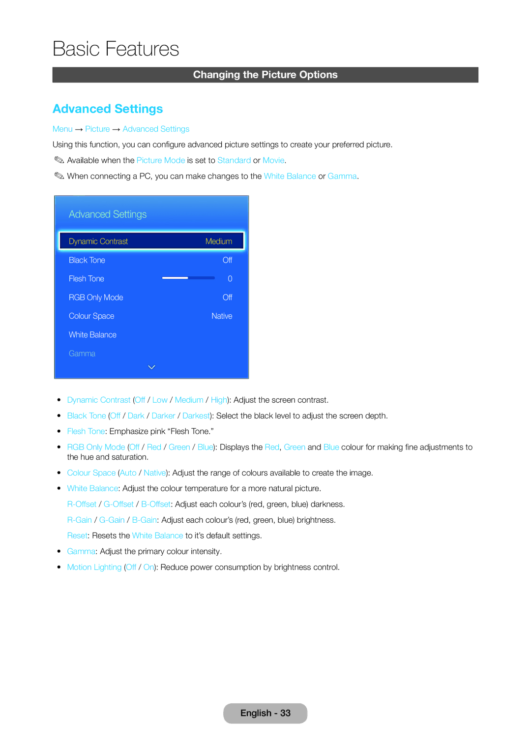 Samsung LT28C570EW/XE, LT28C570EW/EN manual Changing the Picture Options, Menu → Picture → Advanced Settings 