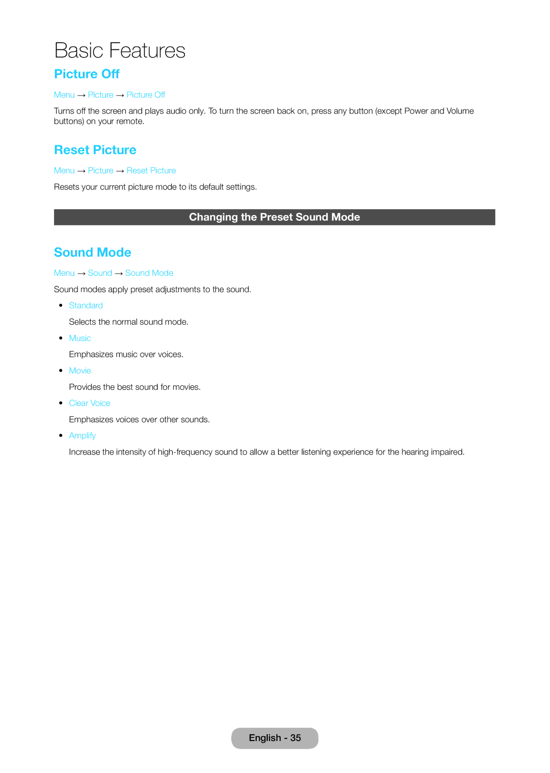 Samsung LT28C570EW/XE, LT28C570EW/EN manual Picture Off, Reset Picture, Changing the Preset Sound Mode 