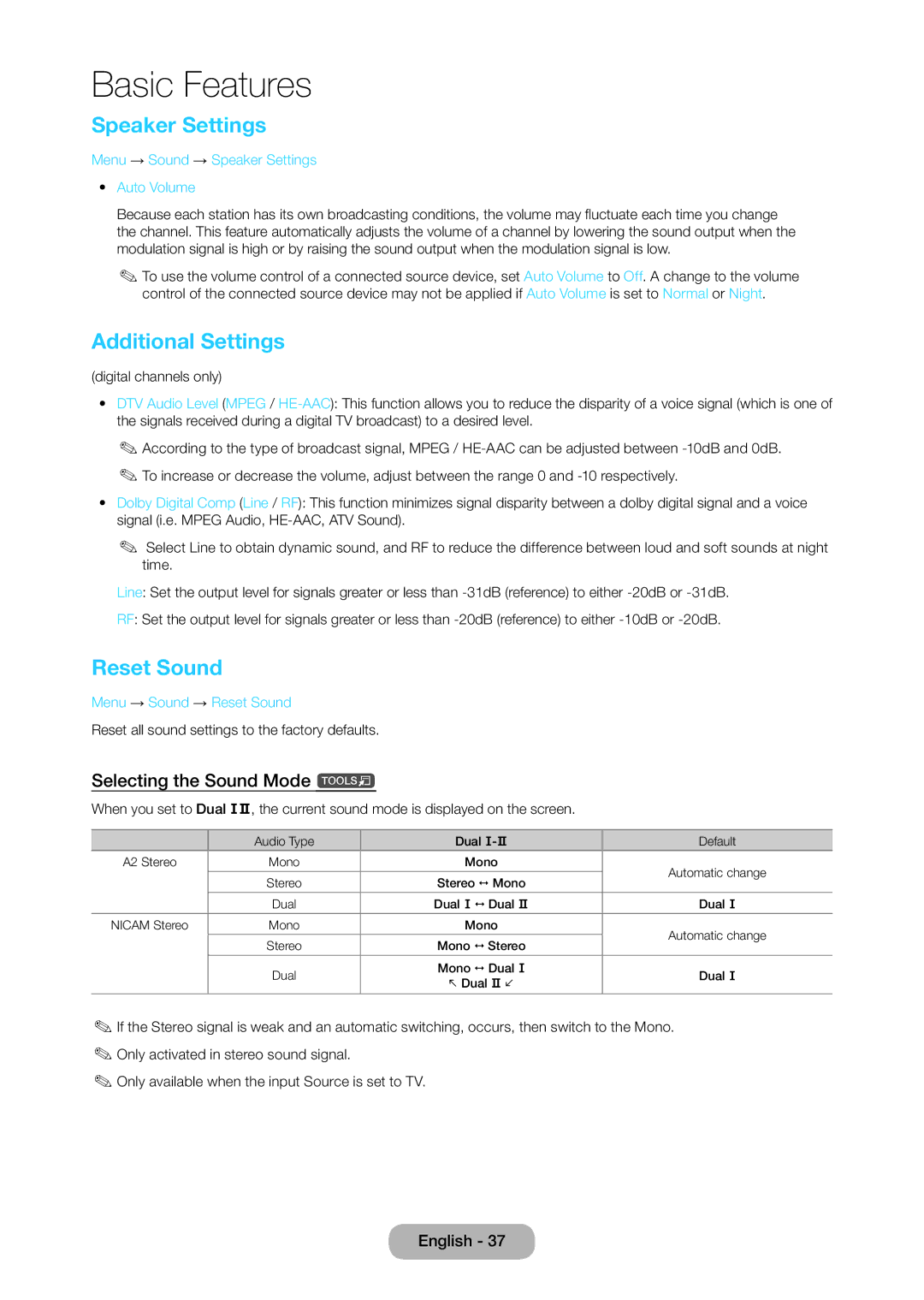 Samsung LT28C570EW/XE, LT28C570EW/EN manual Speaker Settings, Additional Settings, Reset Sound, Selecting the Sound Mode t 