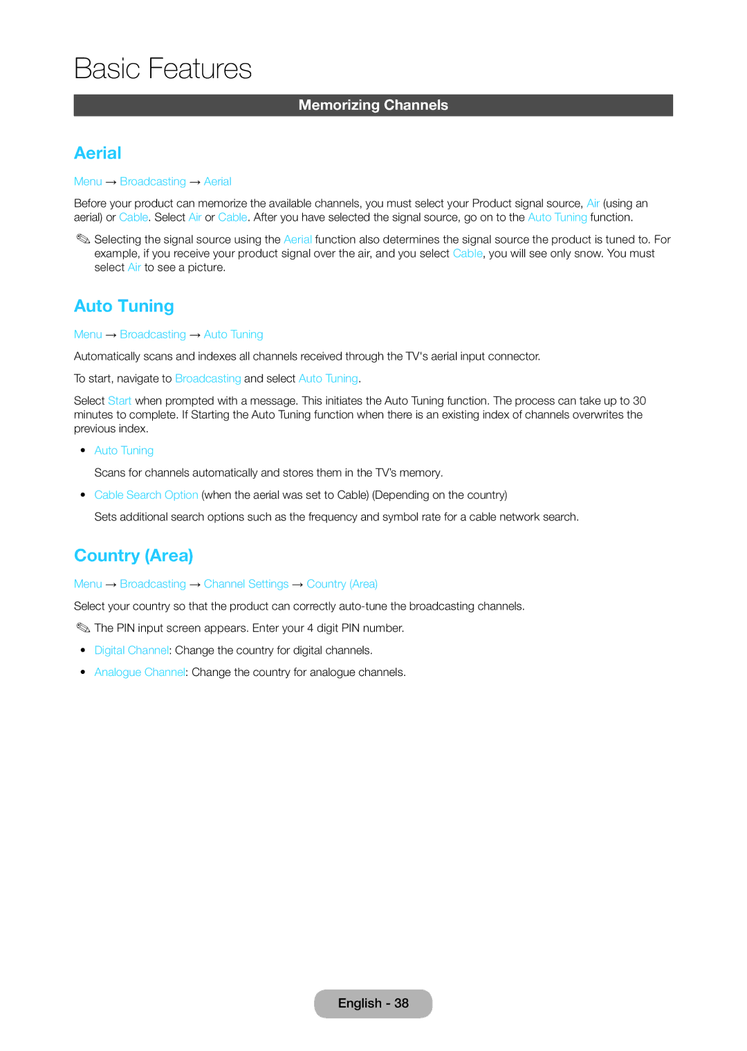 Samsung LT28C570EW/EN, LT28C570EW/XE manual Aerial, Auto Tuning, Country Area, Memorizing Channels 