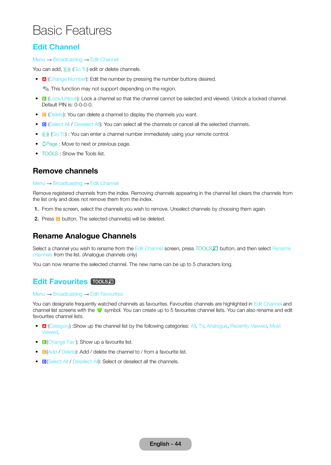 Samsung LT28C570EW/EN, LT28C570EW/XE manual Edit Channel, Remove channels, Rename Analogue Channels, Edit Favourites t 