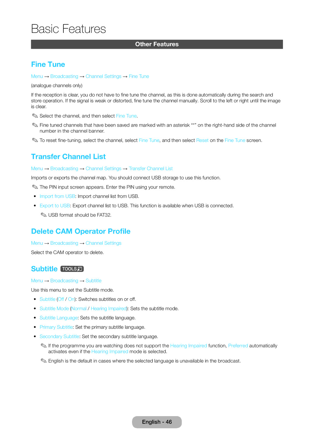 Samsung LT28C570EW/EN manual Fine Tune, Transfer Channel List, Delete CAM Operator Profile, Subtitle t, Other Features 