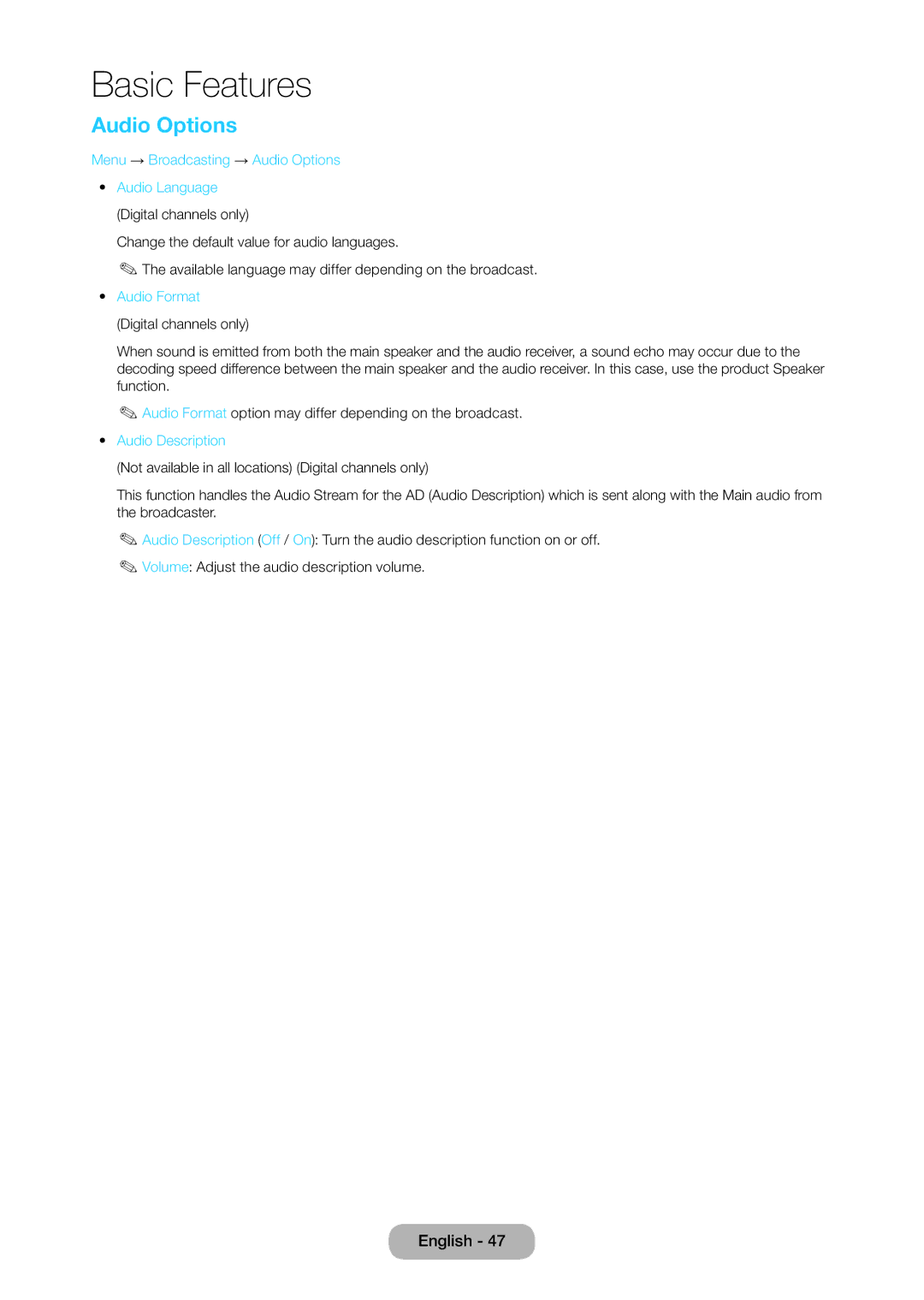 Samsung LT28C570EW/XE manual Menu → Broadcasting → Audio Options, Audio Format Digital channels only, Audio Description 