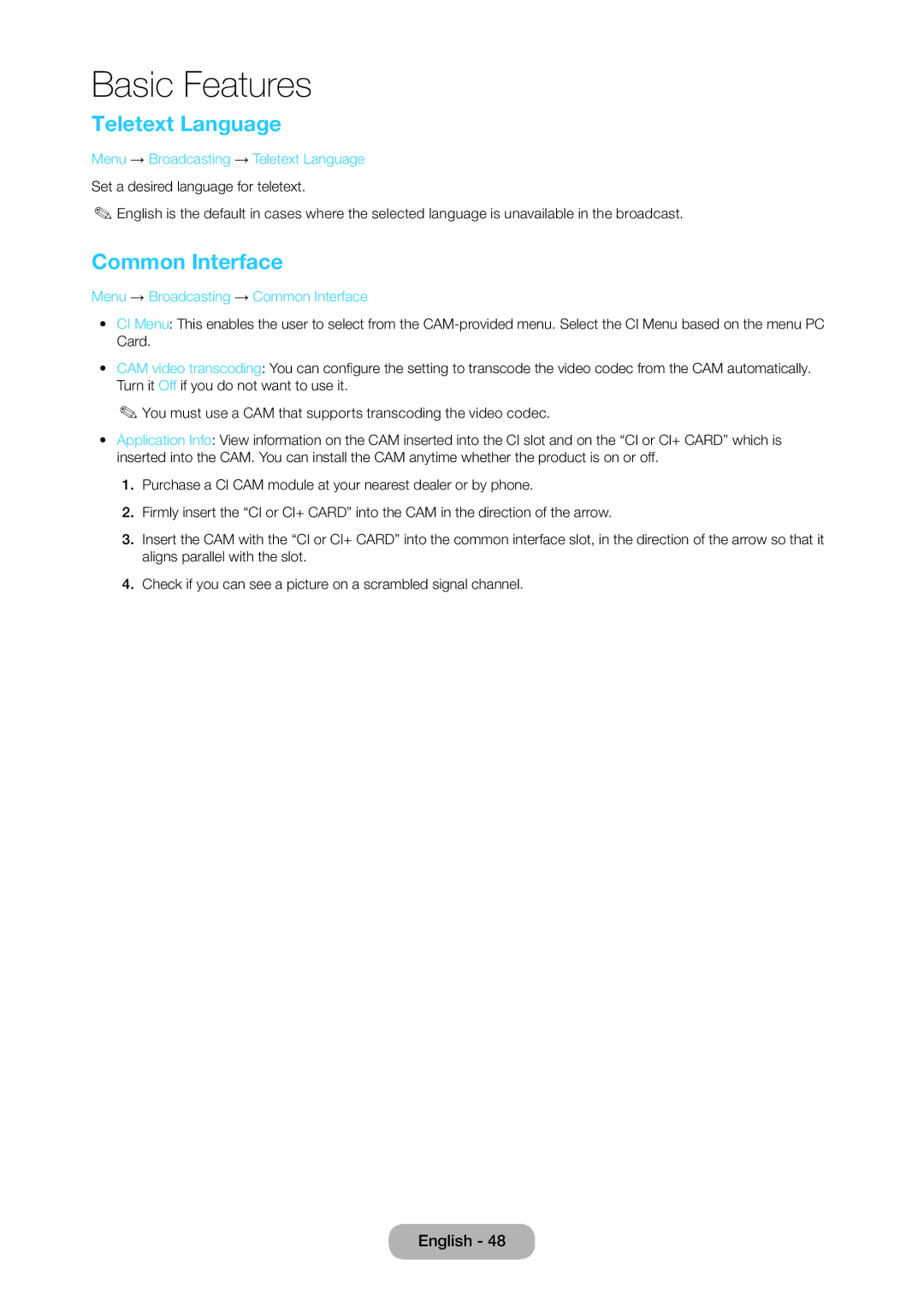 Samsung LT28C570EW/EN, LT28C570EW/XE manual Teletext Language, Menu → Broadcasting → Common Interface 