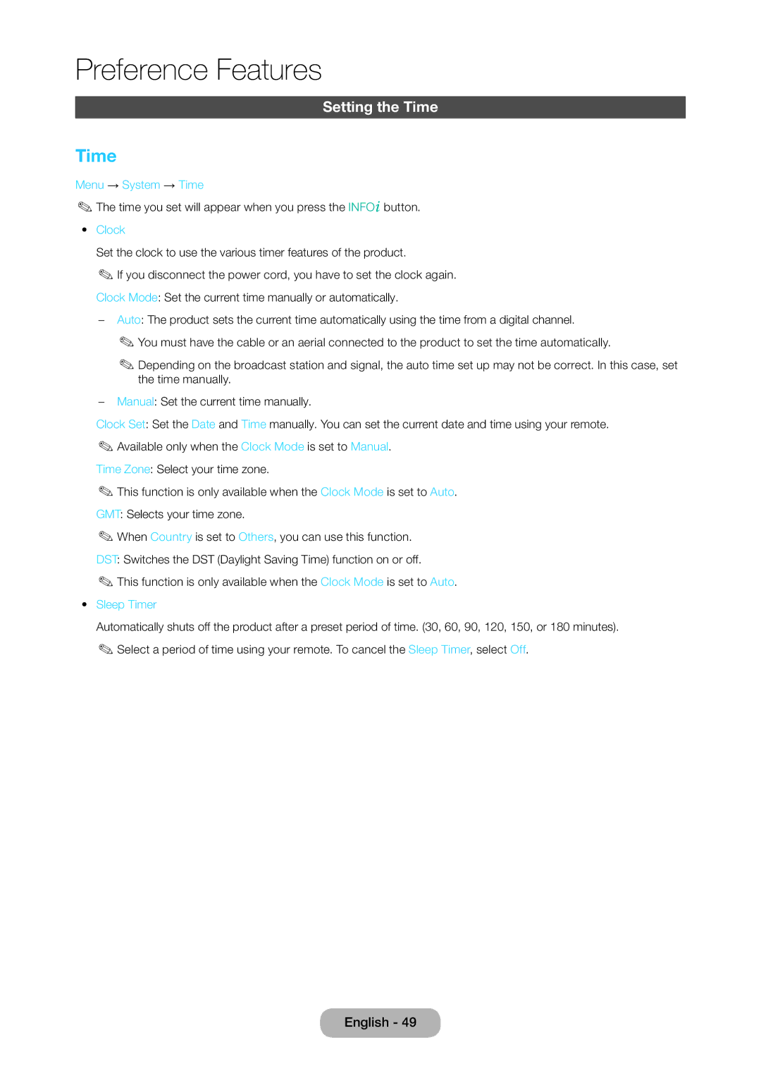 Samsung LT28C570EW/XE, LT28C570EW/EN manual Setting the Time, Menu → System → Time, Clock, Sleep Timer 