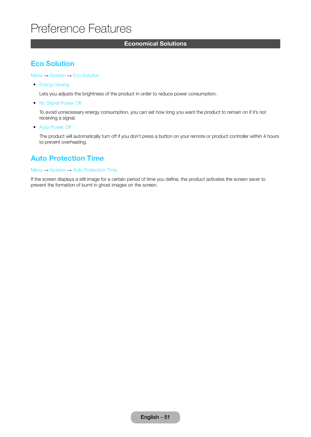 Samsung LT28C570EW/XE, LT28C570EW/EN manual Eco Solution, Auto Protection Time, Economical Solutions 