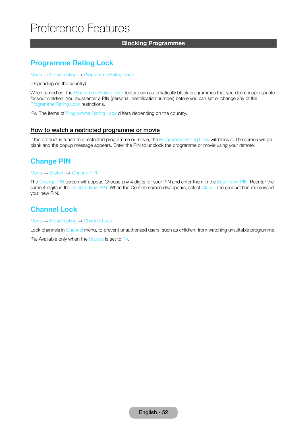 Samsung LT28C570EW/EN, LT28C570EW/XE manual Programme Rating Lock, Change PIN, Channel Lock, Blocking Programmes 