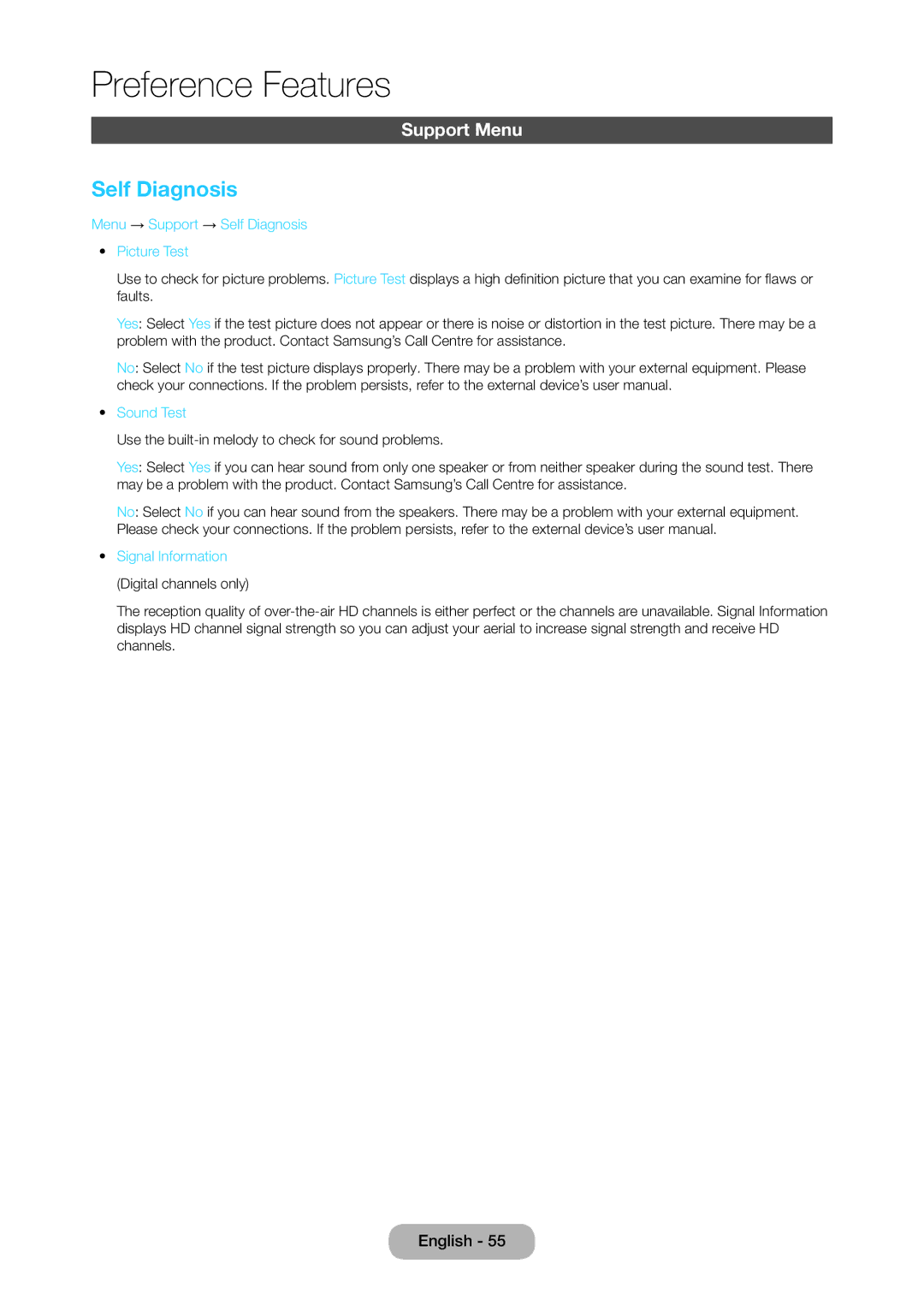 Samsung LT28C570EW/XE, LT28C570EW/EN manual Support Menu, Menu → Support → Self Diagnosis Picture Test, Sound Test 