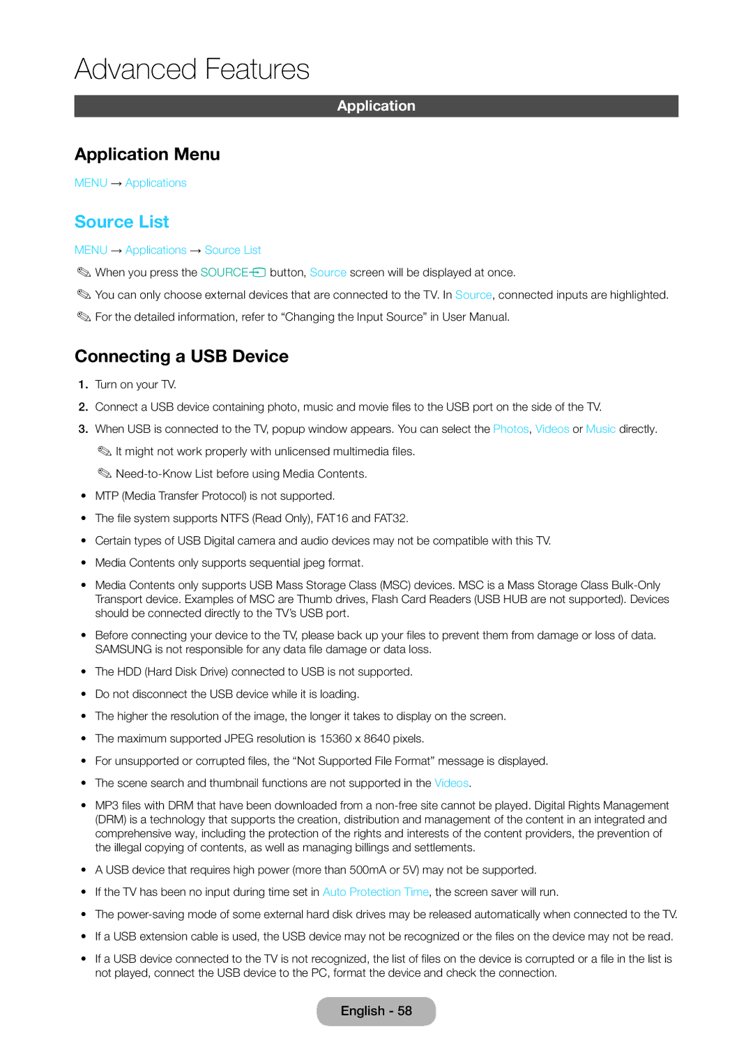 Samsung LT28C570EW/EN, LT28C570EW/XE manual Application Menu, Source List, Connecting a USB Device 