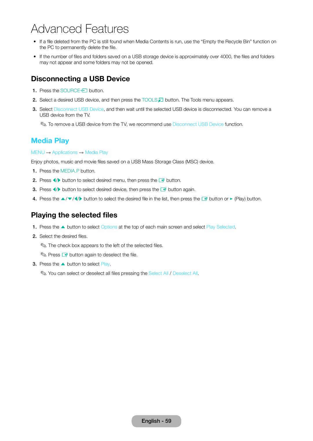 Samsung LT28C570EW/XE manual Disconnecting a USB Device, Playing the selected files, Menu → Applications → Media Play 