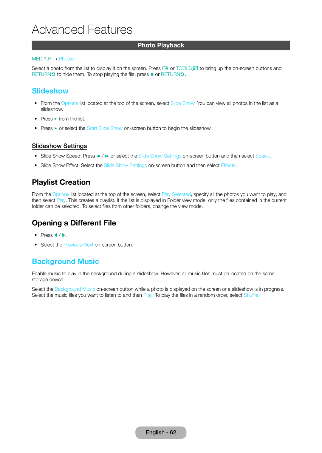 Samsung LT28C570EW/EN manual Slideshow, Playlist Creation, Opening a Different File, Background Music, Photo Playback 
