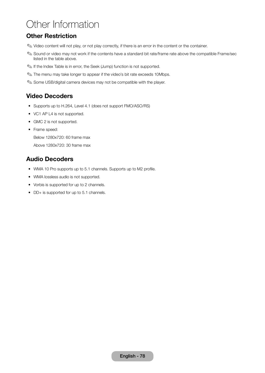 Samsung LT28C570EW/EN, LT28C570EW/XE manual Other Restriction, Video Decoders, Audio Decoders 