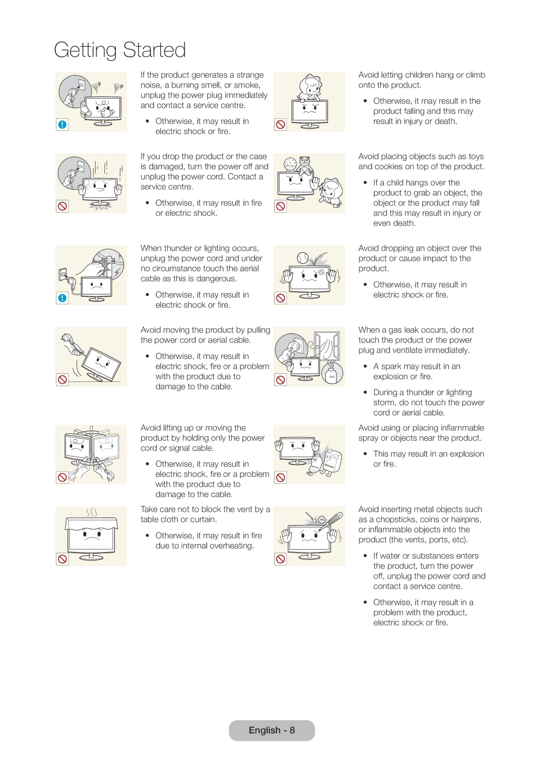 Samsung LT28C570EW/EN, LT28C570EW/XE manual Electric shock or fire 