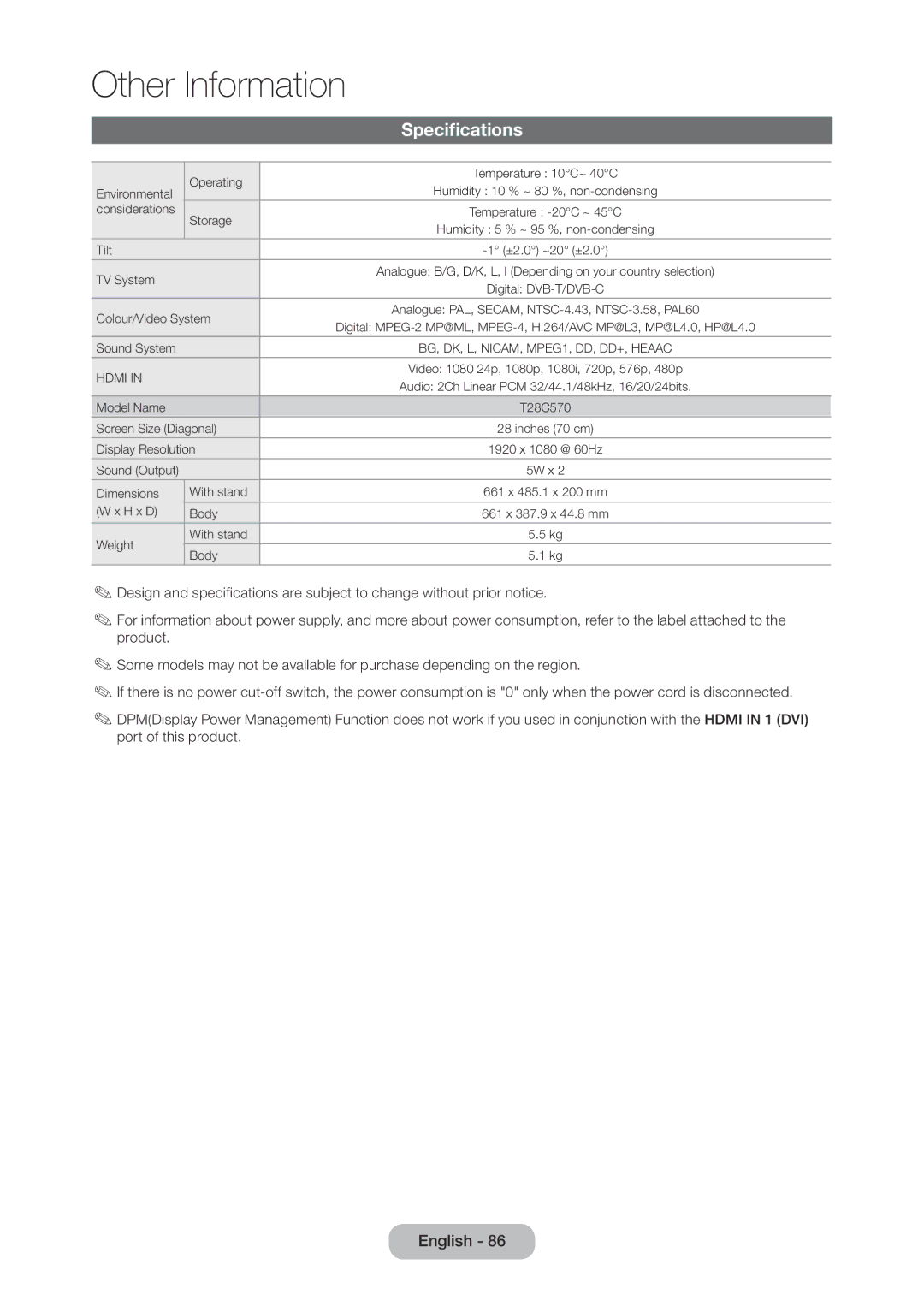 Samsung LT28C570EW/EN, LT28C570EW/XE manual Specifications, Colour/Video System 