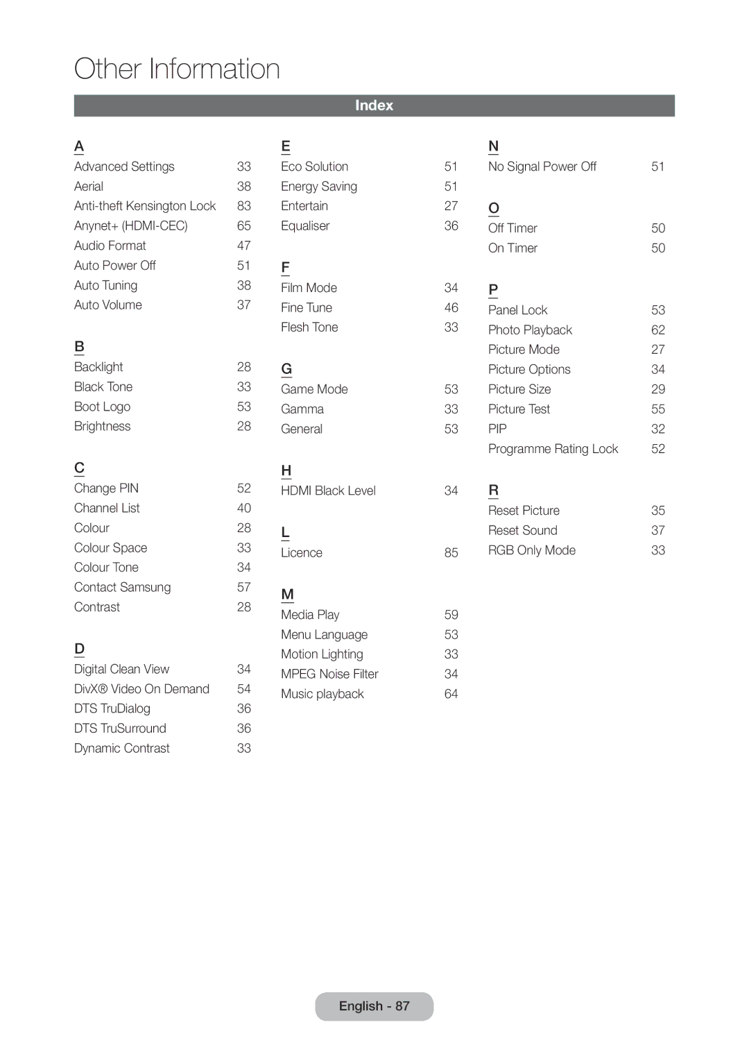 Samsung LT28C570EW/XE, LT28C570EW/EN manual Index, Pip 