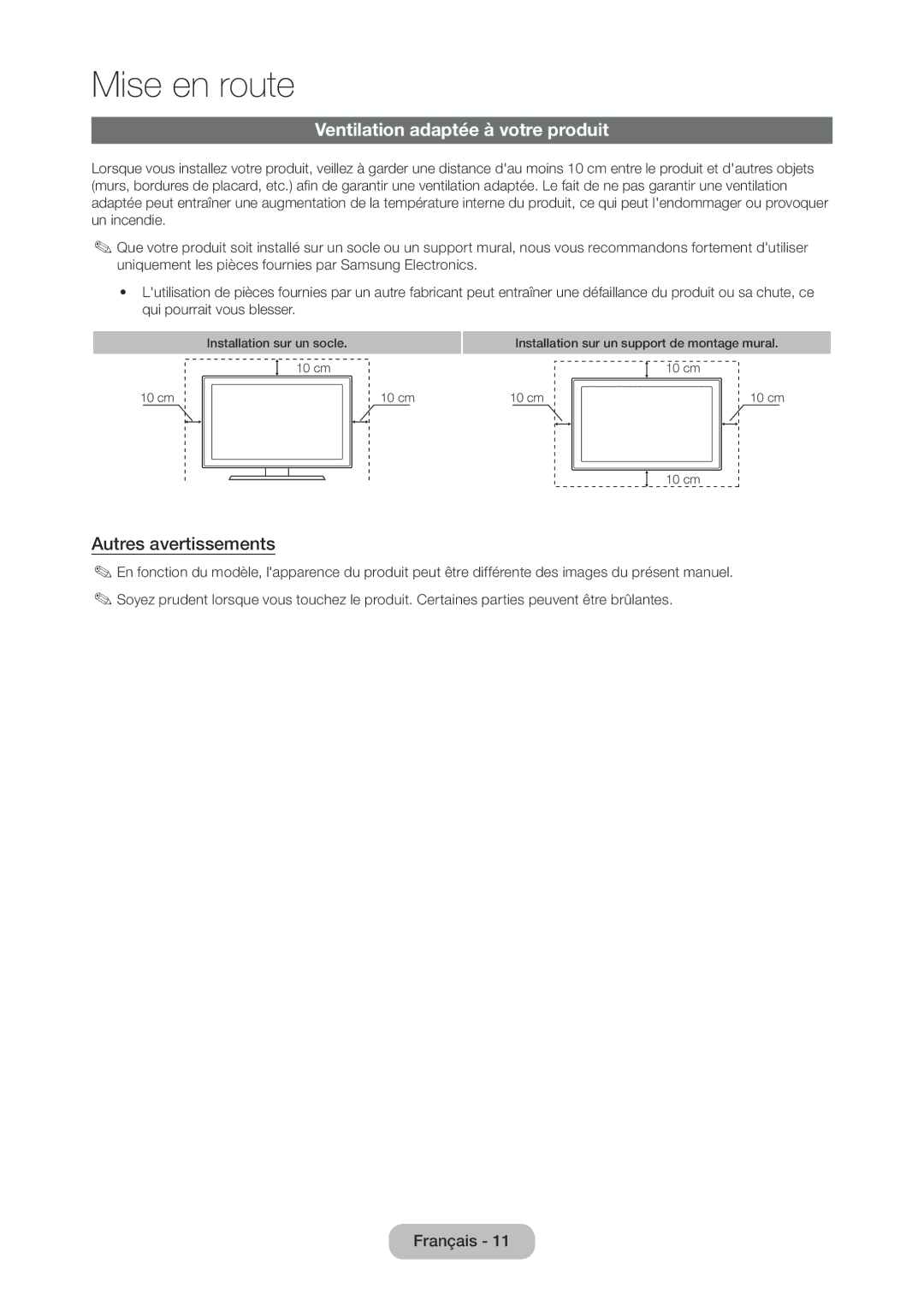 Samsung LT28C570EW/EN manual Ventilation adaptée à votre produit, Autres avertissements 