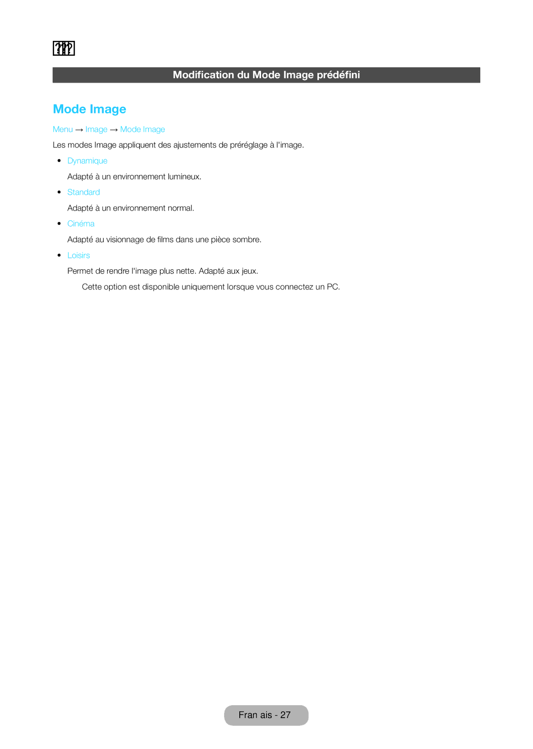 Samsung LT28C570EW/EN manual Modification du Mode Image prédéfini 