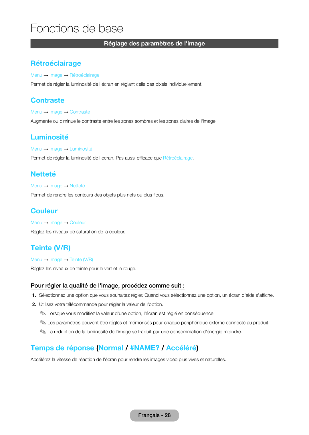 Samsung LT28C570EW/EN manual Rétroéclairage, Contraste, Luminosité, Netteté, Couleur, Teinte V/R 