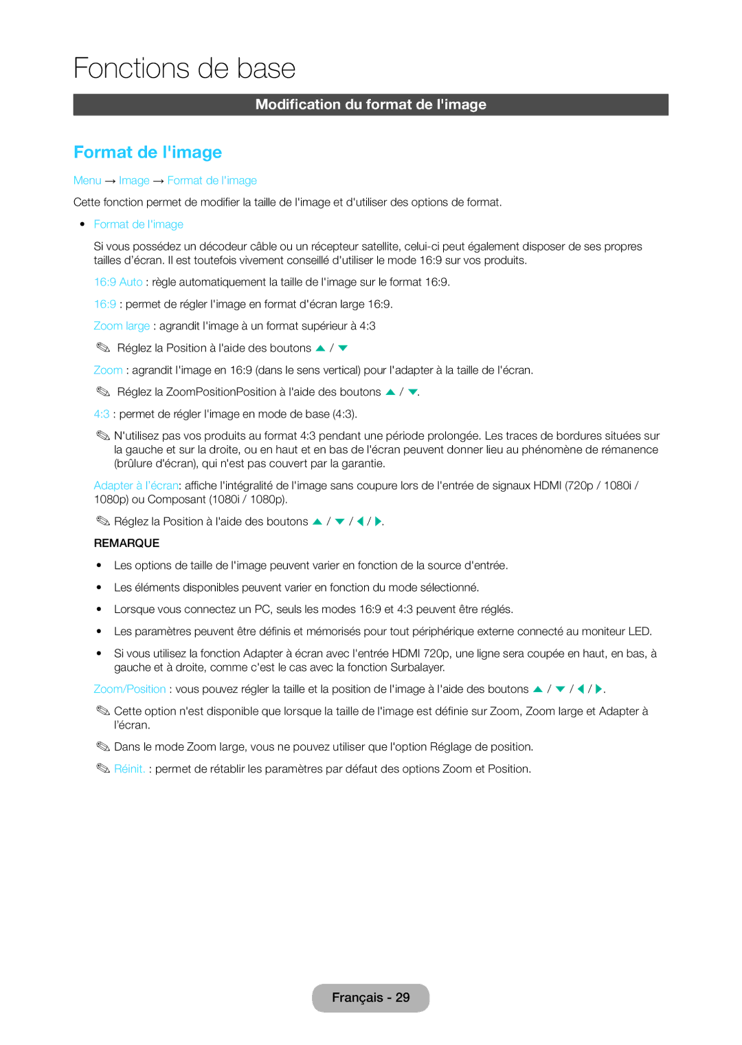 Samsung LT28C570EW/EN manual Modification du format de limage , Menu → Image → Format de limage 