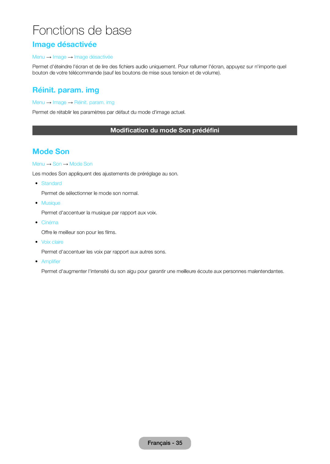 Samsung LT28C570EW/EN manual Image désactivée, Réinit. param. img, Mode Son, Modification du mode Son prédéfini 