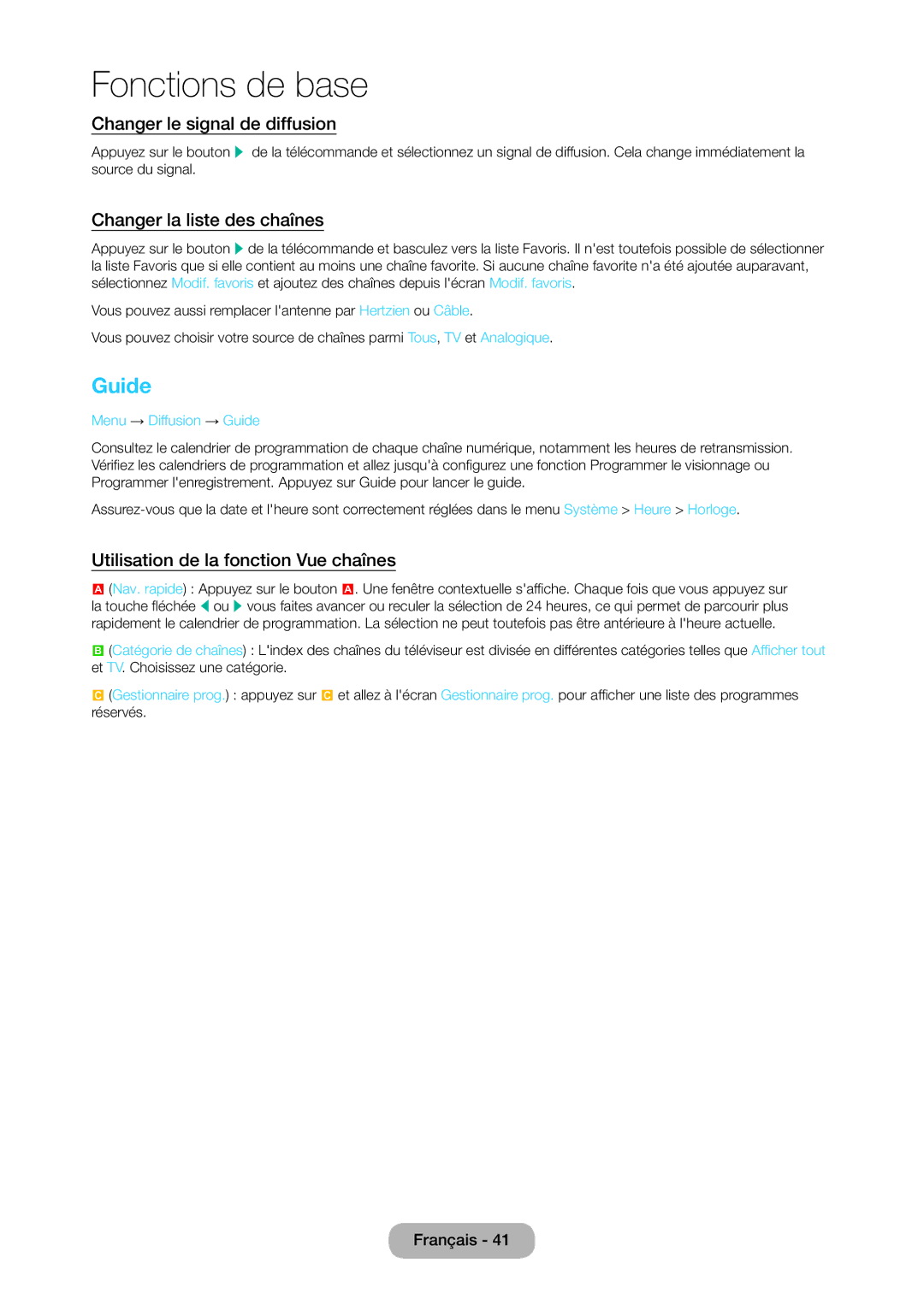 Samsung LT28C570EW/EN manual Changer le signal de diffusion, Changer la liste des chaînes, Menu → Diffusion → Guide 