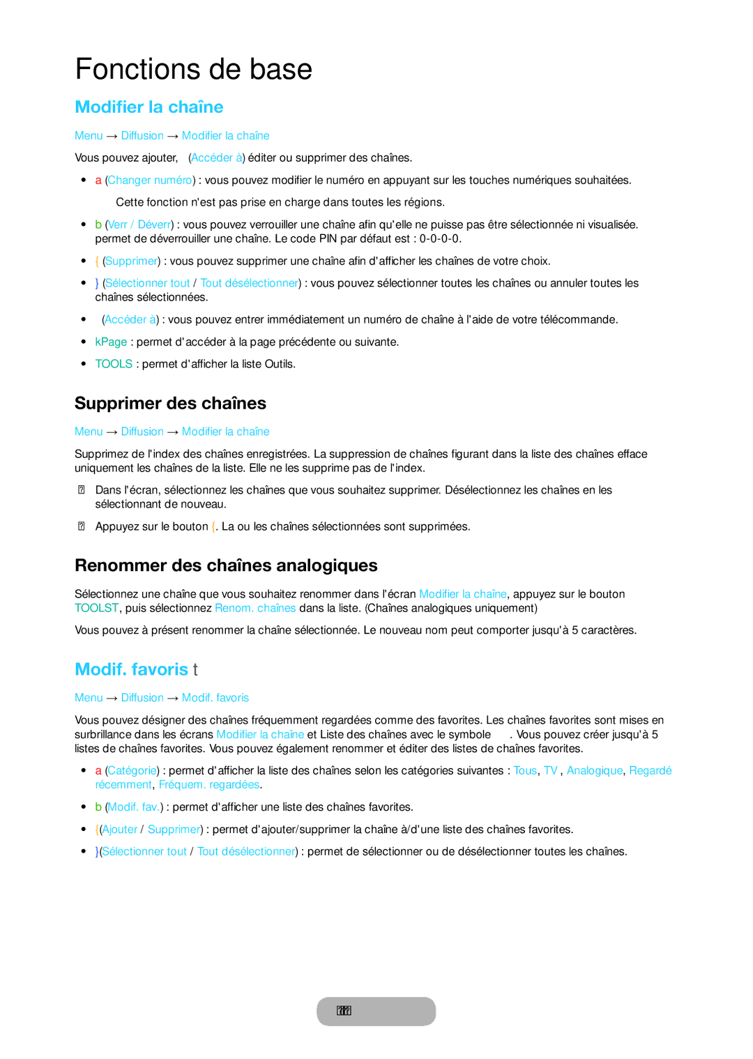 Samsung LT28C570EW/EN manual Modifier la chaîne, Supprimer des chaînes, Renommer des chaînes analogiques, Modif. favoris t 
