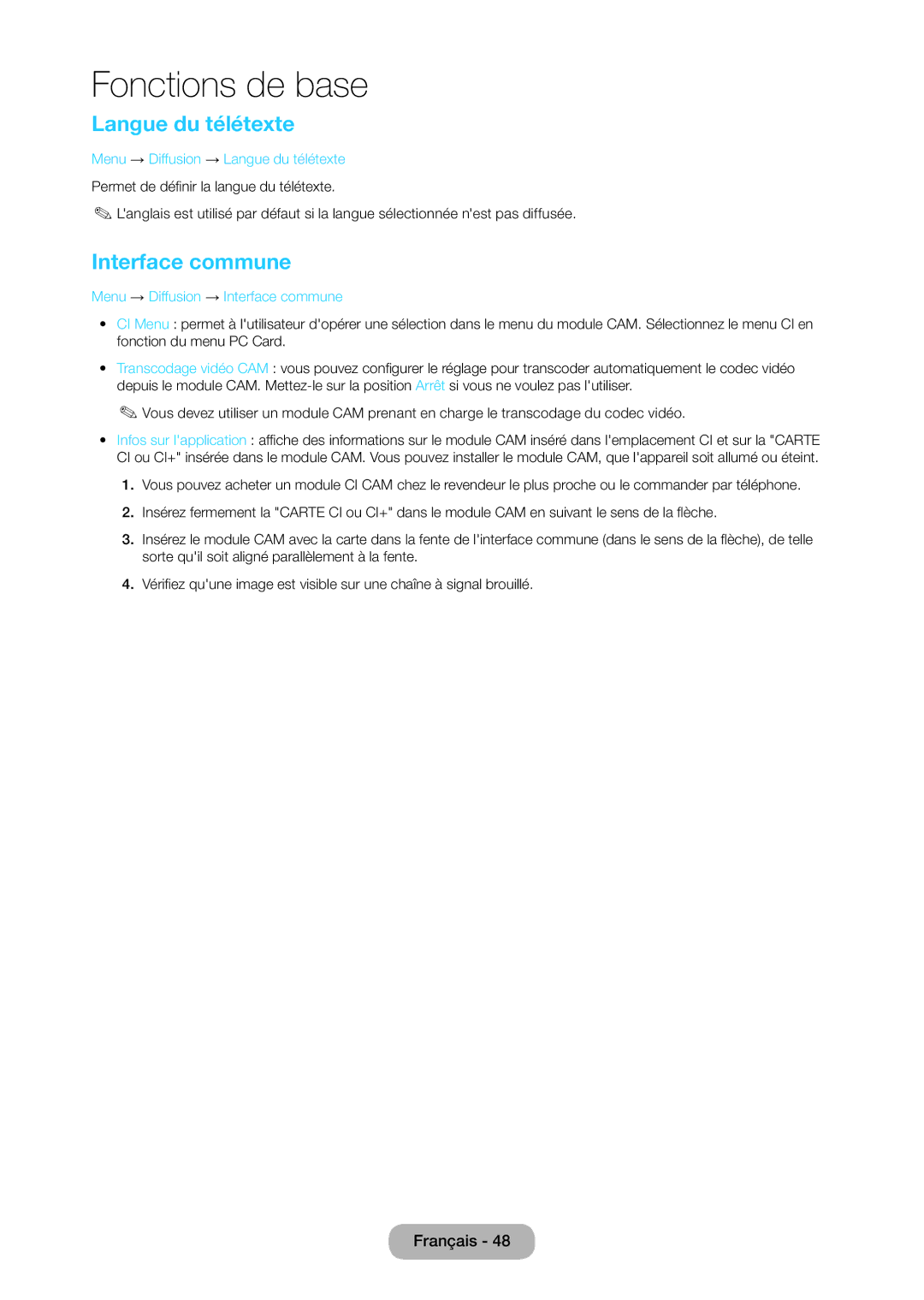 Samsung LT28C570EW/EN manual Langue du télétexte, Menu → Diffusion → Interface commune 