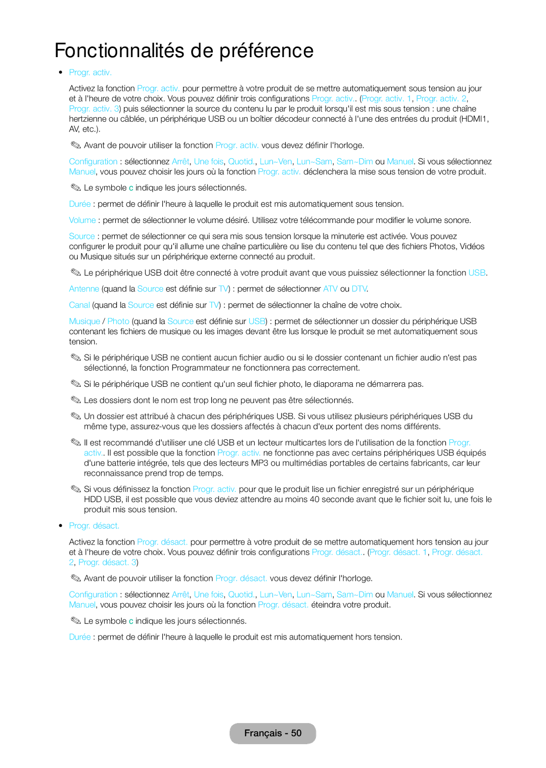 Samsung LT28C570EW/EN manual Progr. activ, Progr. désact 