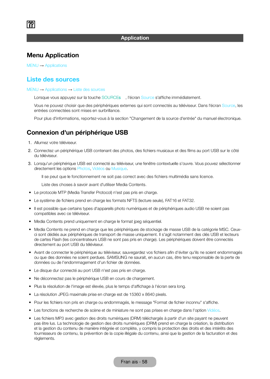 Samsung LT28C570EW/EN manual Menu Application, Liste des sources, Connexion dun périphérique USB 