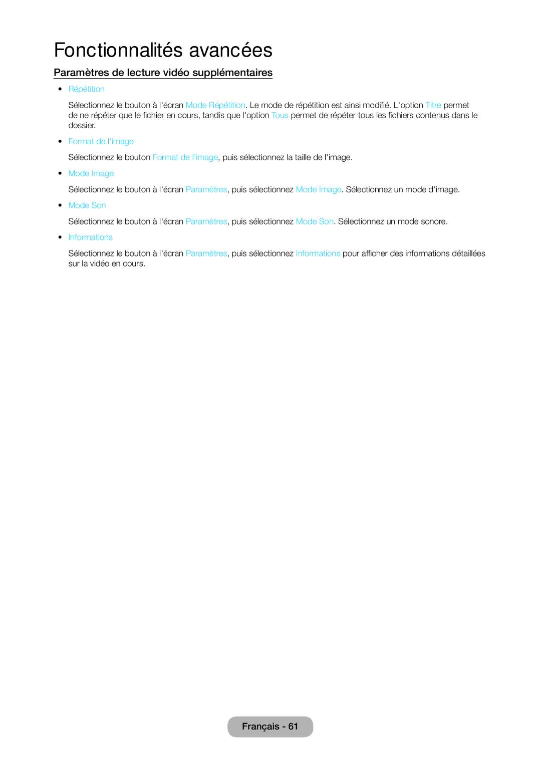 Samsung LT28C570EW/EN manual Paramètres de lecture vidéo supplémentaires, Répétition, Mode Image, Mode Son, Informations 