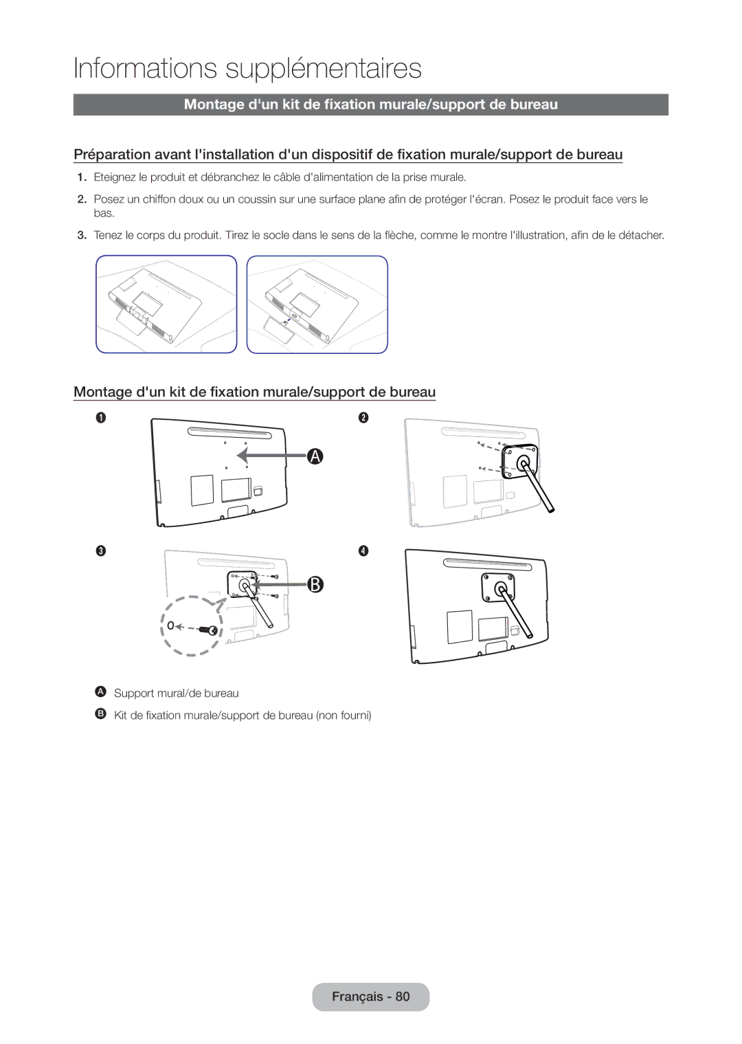 Samsung LT28C570EW/EN manual Montage dun kit de fixation murale/support de bureau 