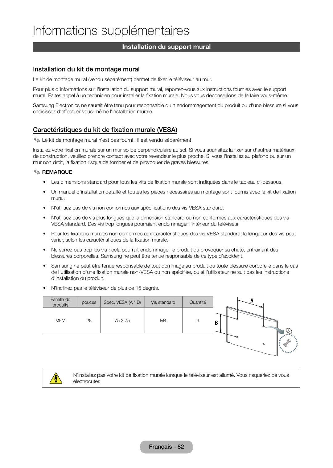 Samsung LT28C570EW/EN Installation du support mural, Installation du kit de montage mural, Provoquer de graves blessures 