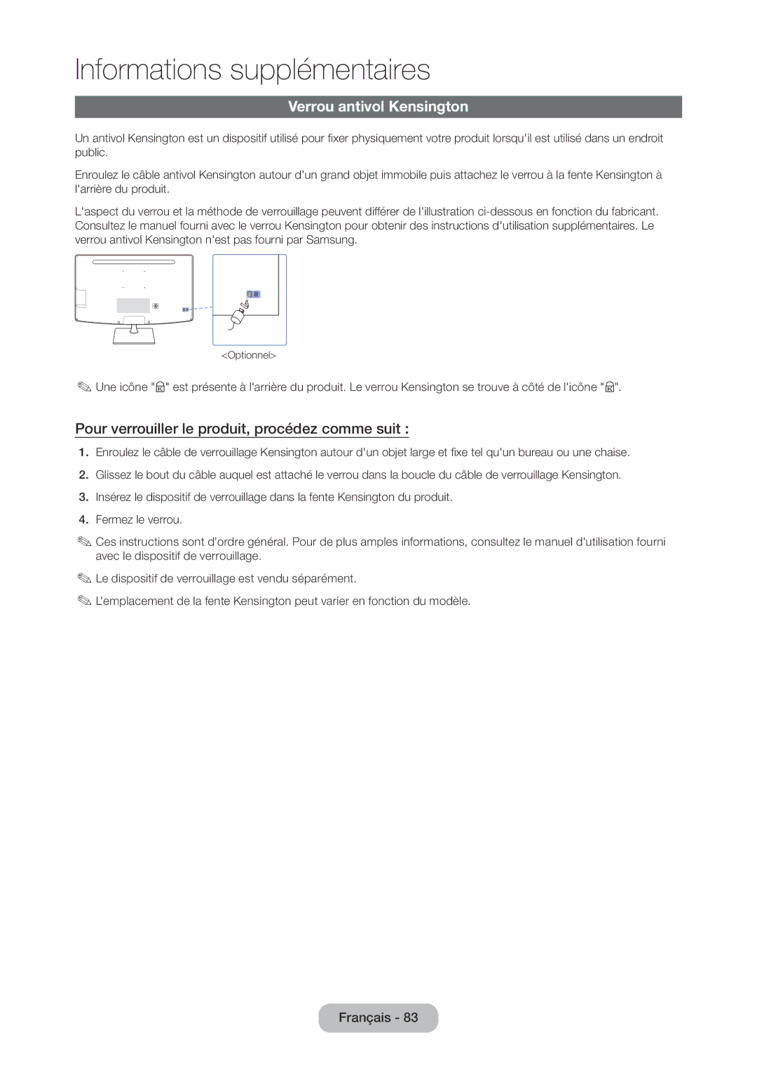 Samsung LT28C570EW/EN manual Verrou antivol Kensington, Pour verrouiller le produit, procédez comme suit 