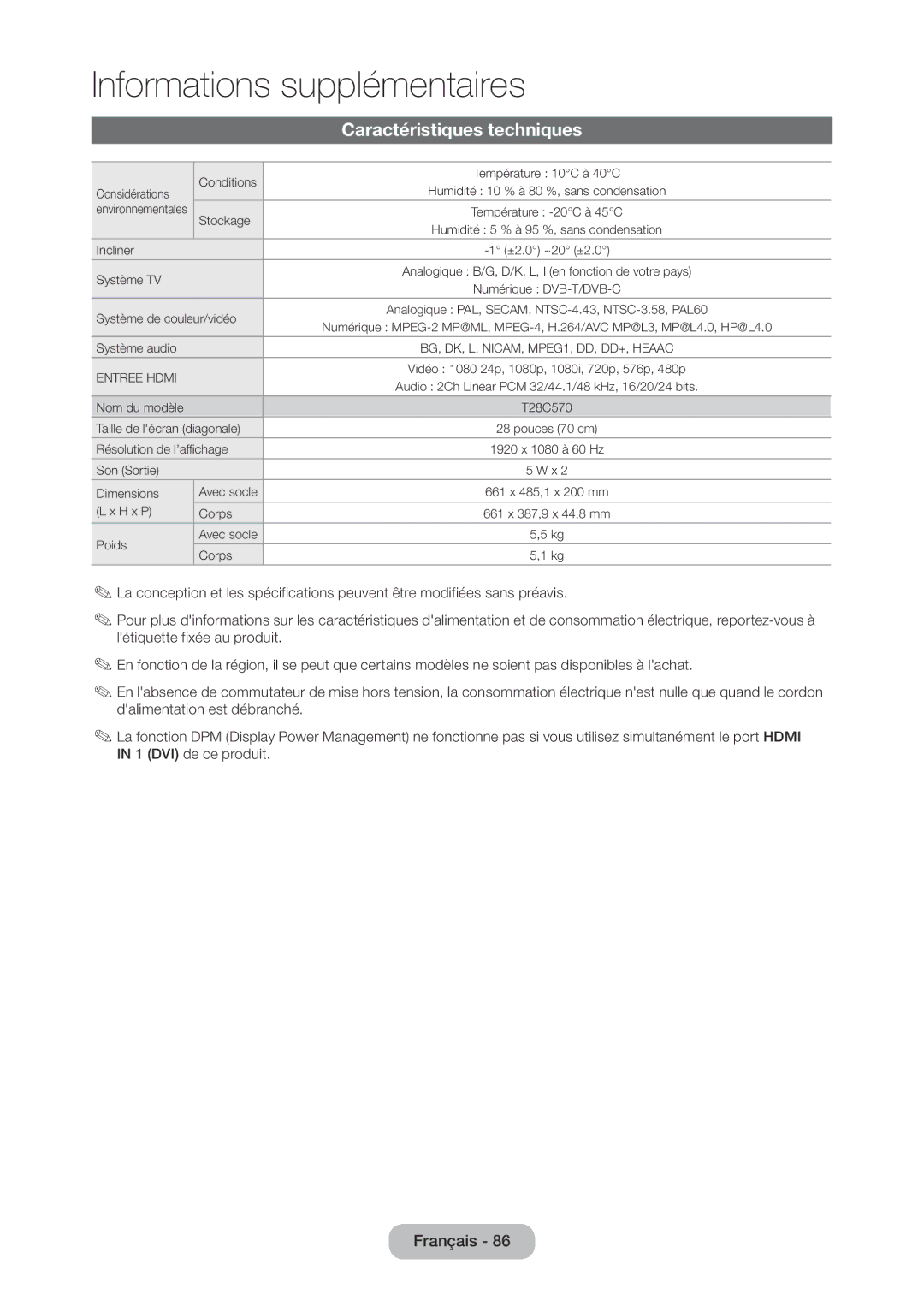 Samsung LT28C570EW/EN manual Caractéristiques techniques, Système de couleur/vidéo 