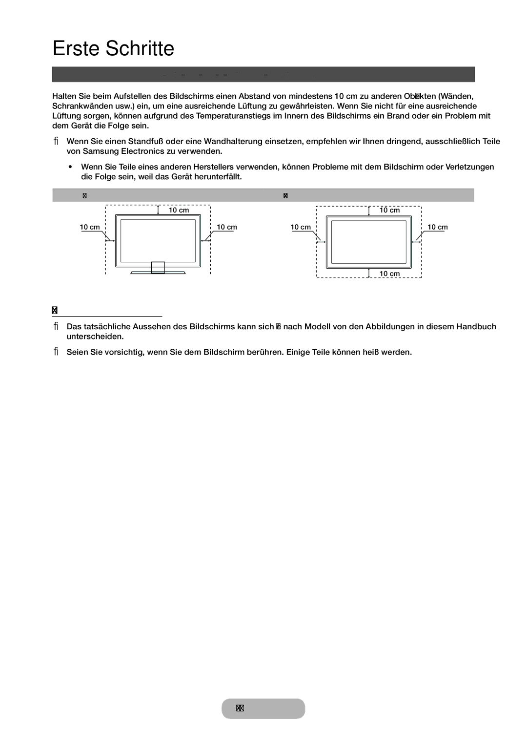 Samsung LT28C570EW/EN manual Ausreichende Belüftung Ihres Bildschirms, Sonstige Warnhinweise 