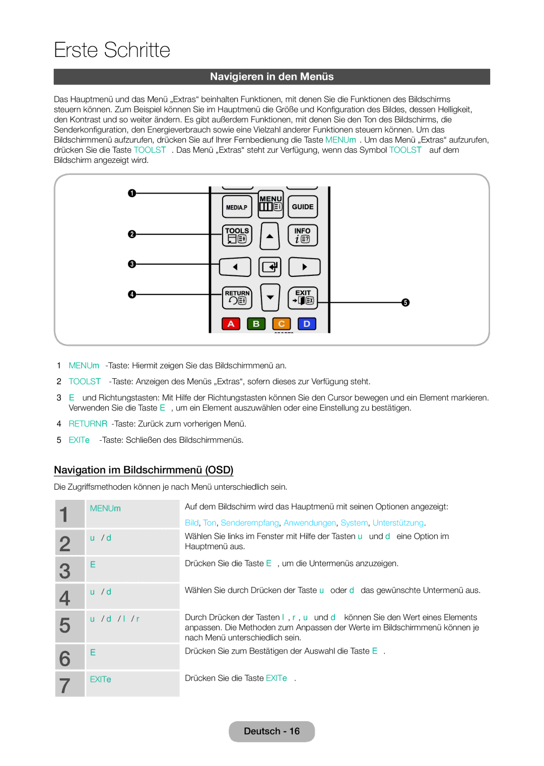 Samsung LT28C570EW/EN manual Navigieren in den Menüs, Navigation im Bildschirmmenü OSD 