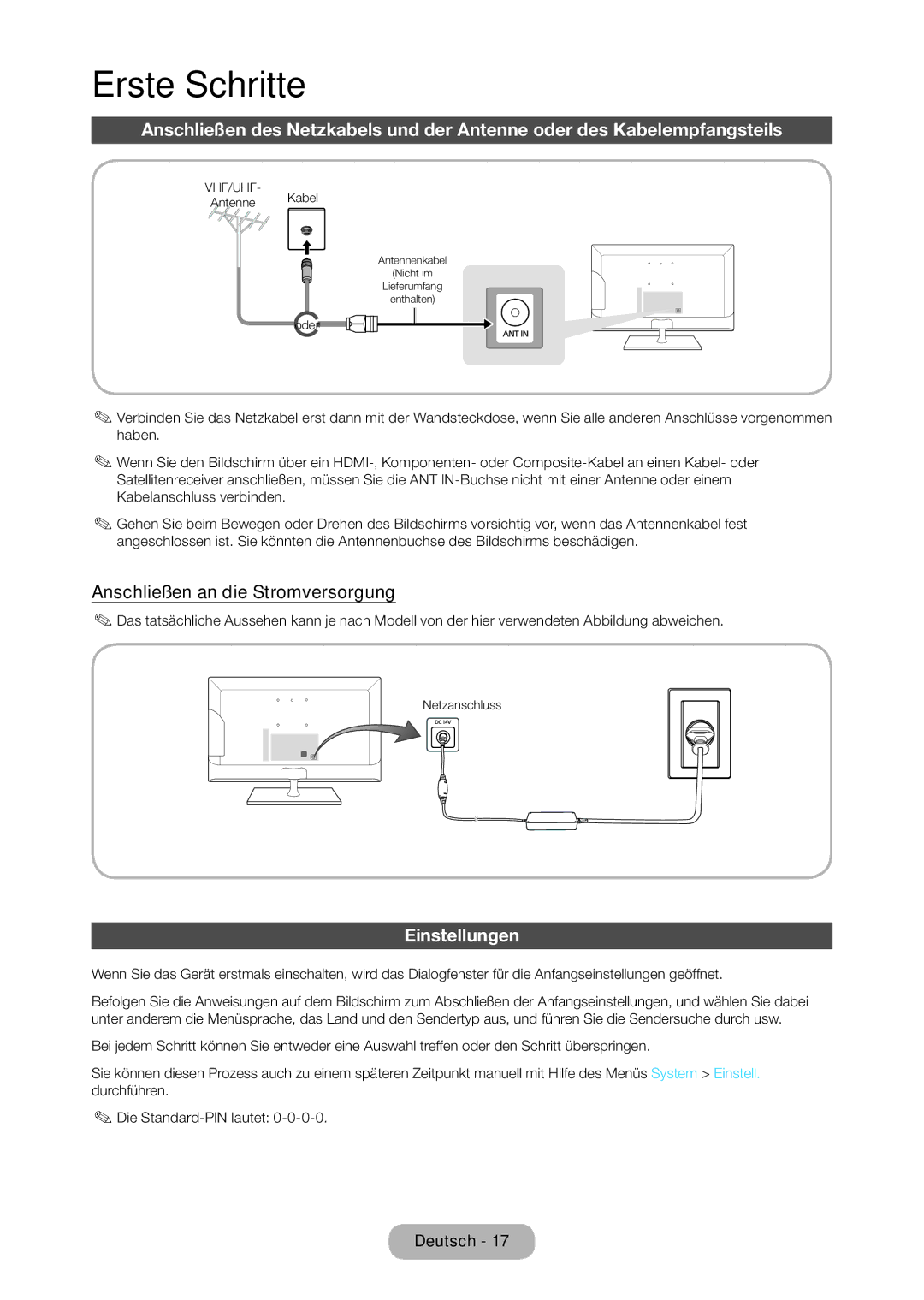 Samsung LT28C570EW/EN manual Anschließen an die Stromversorgung, Einstellungen 