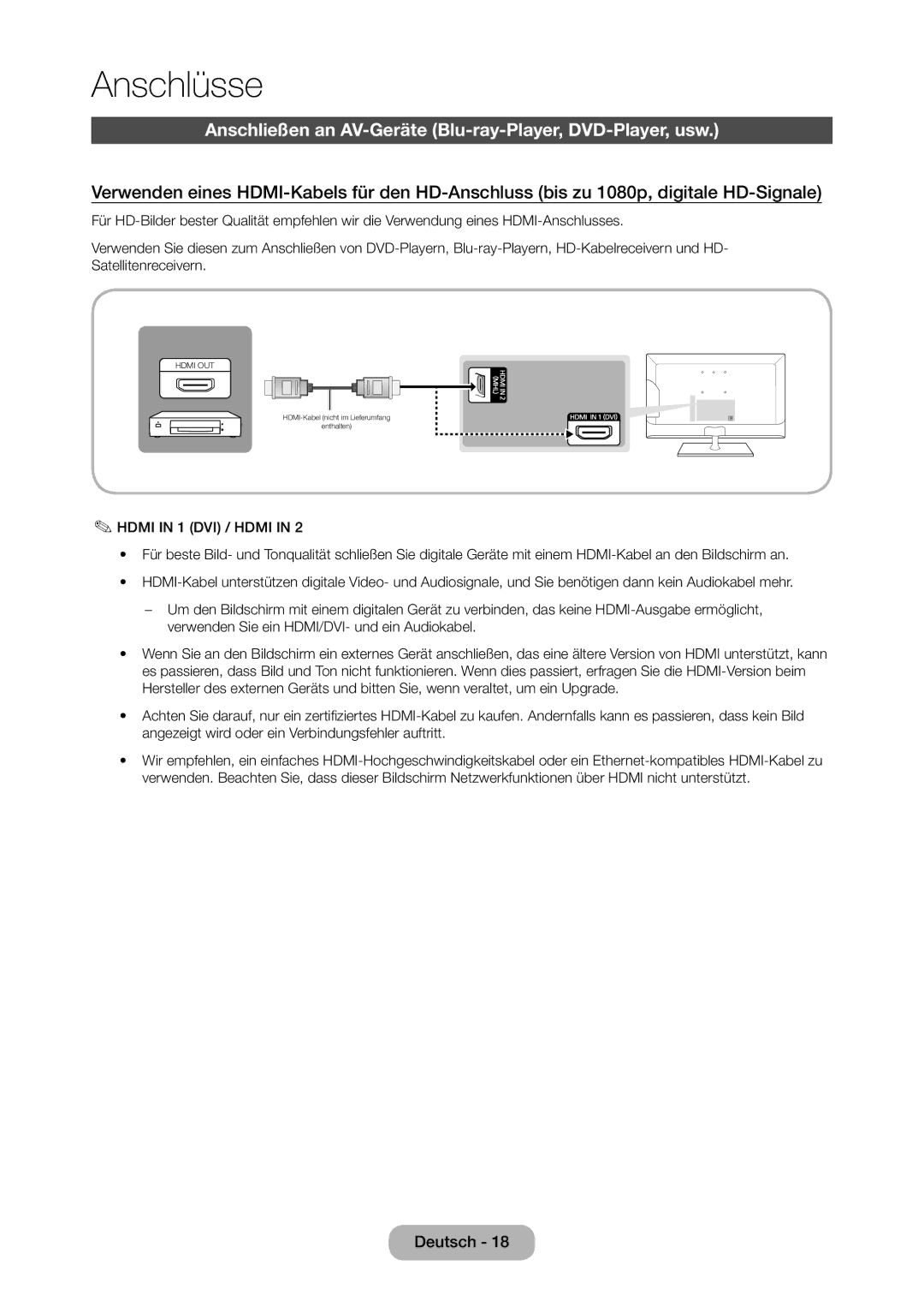 Samsung LT28C570EW/EN manual Anschlüsse, Anschließen an AV-Geräte Blu-ray-Player, DVD-Player, usw 