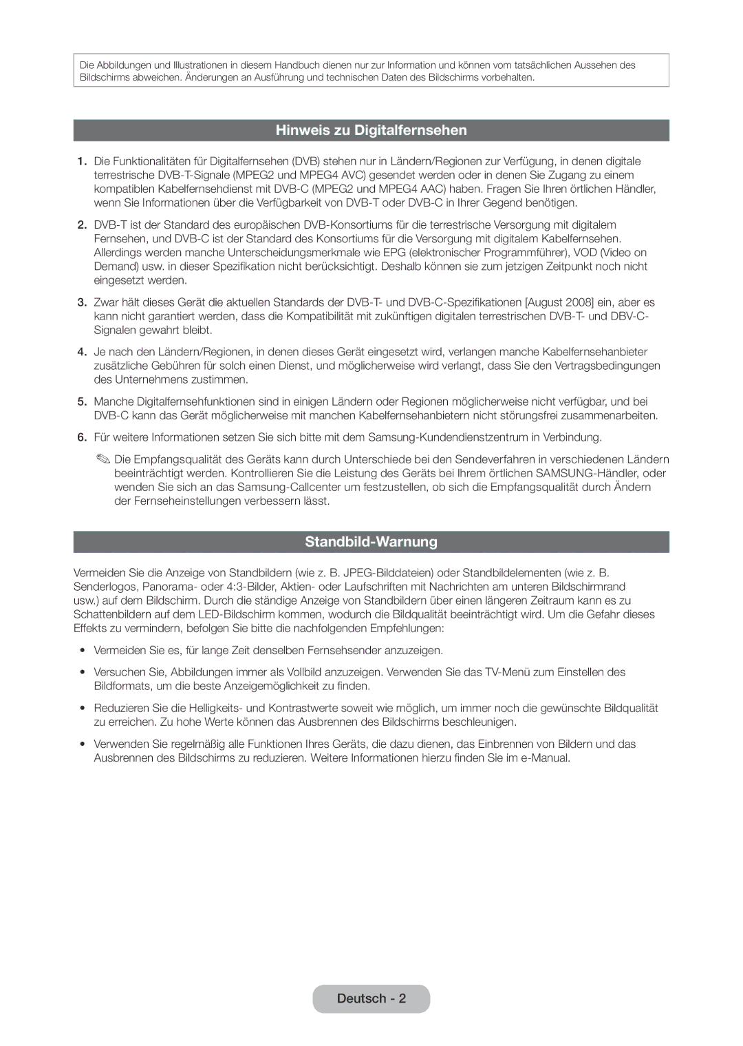 Samsung LT28C570EW/EN manual Hinweis zu Digitalfernsehen, Standbild-Warnung 