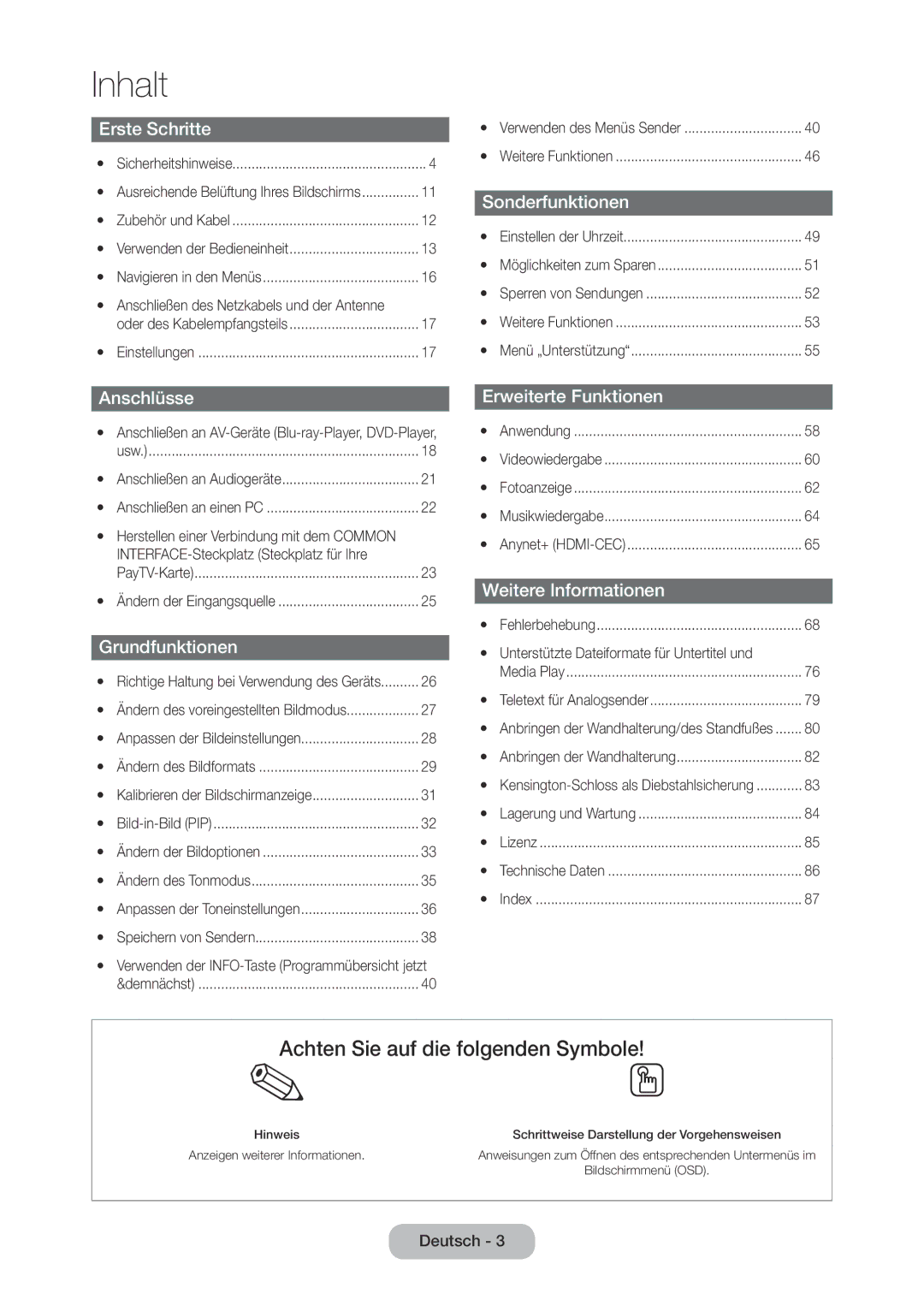 Samsung LT28C570EW/EN manual Anschließen des Netzkabels und der Antenne, Yy Unterstützte Dateiformate für Untertitel und 