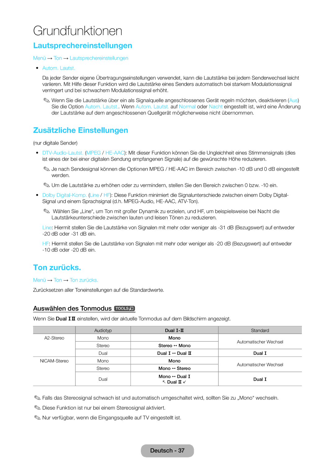 Samsung LT28C570EW/EN manual Lautsprechereinstellungen, Zusätzliche Einstellungen, Ton zurücks, Auswählen des Tonmodus t 