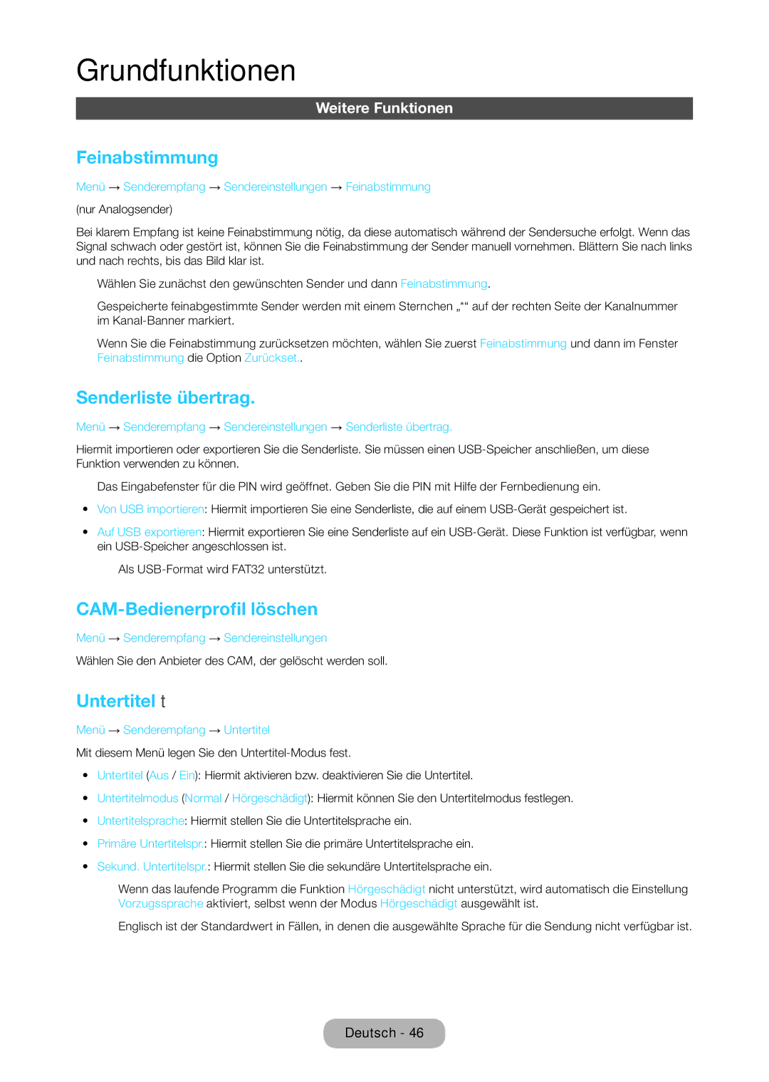 Samsung LT28C570EW/EN Feinabstimmung, Senderliste übertrag, CAM-Bedienerprofil löschen, Untertitel t, Weitere Funktionen 