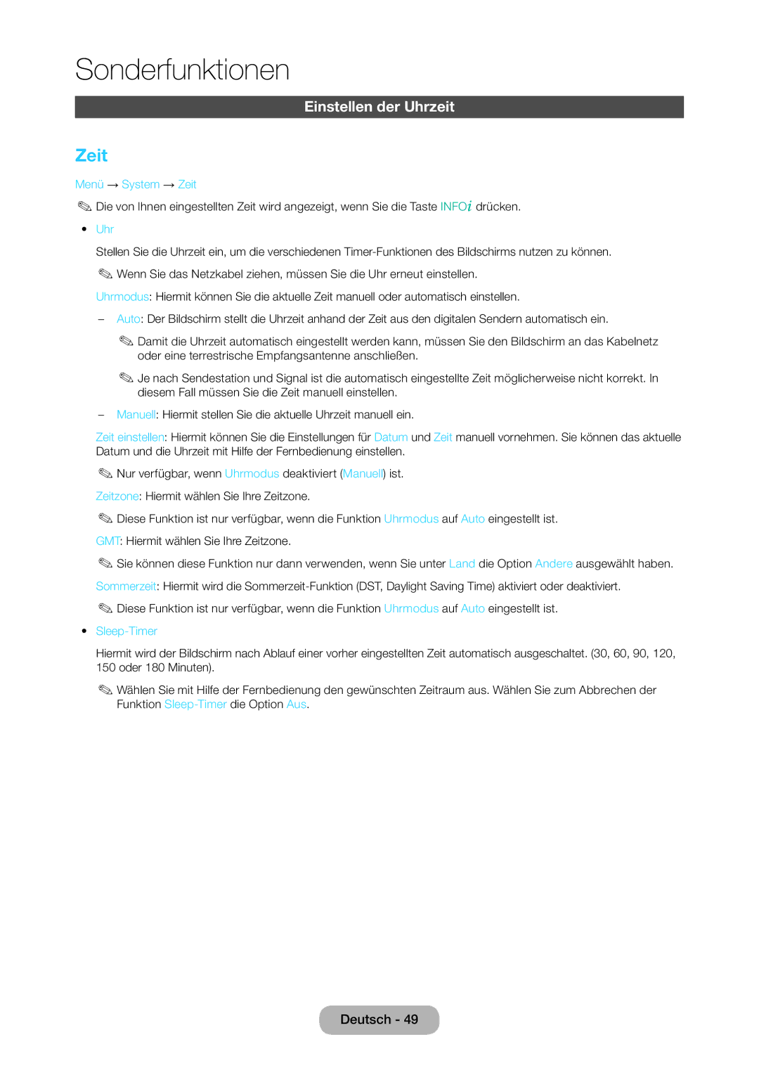 Samsung LT28C570EW/EN manual Einstellen der Uhrzeit, Menü → System → Zeit, Sleep-Timer 