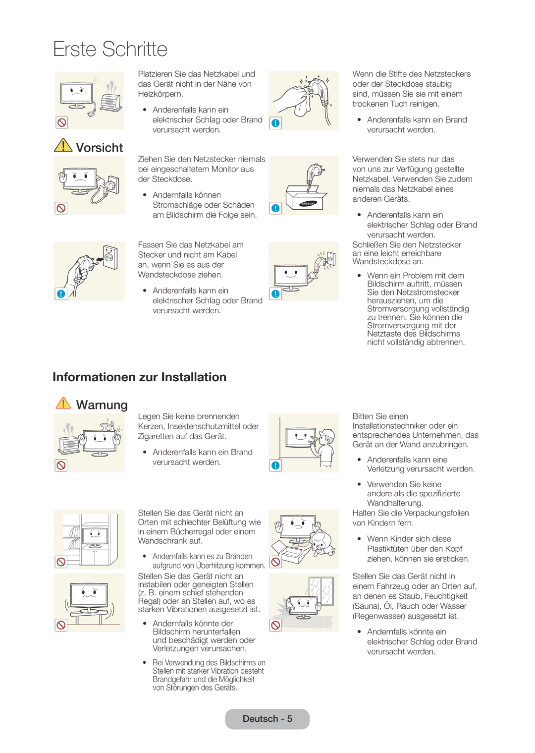 Samsung LT28C570EW/EN manual Informationen zur Installation, Anderenfalls kann ein Brand verursacht werden 