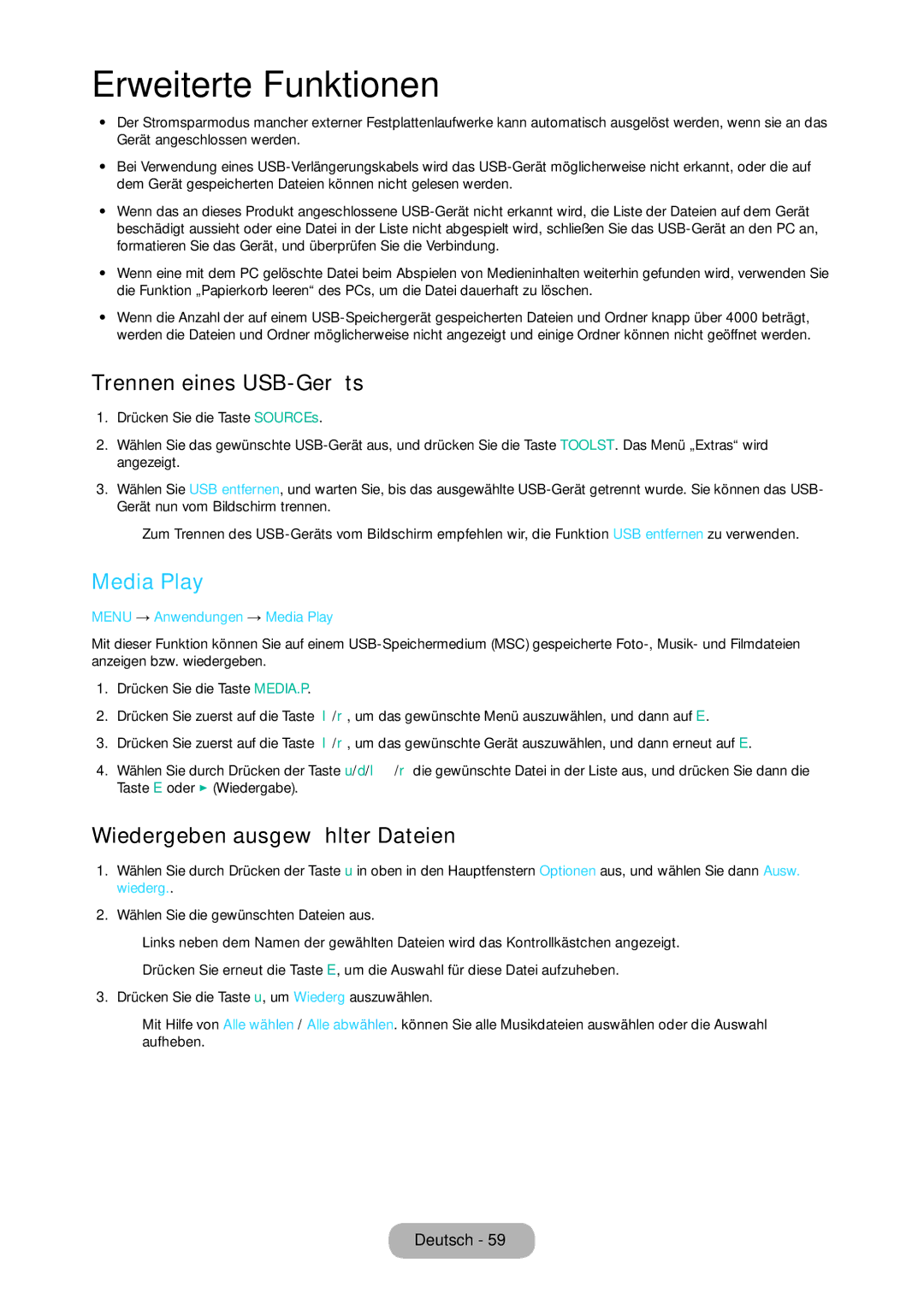 Samsung LT28C570EW/EN manual Trennen eines USB-Geräts, Media Play, Wiedergeben ausgewählter Dateien 