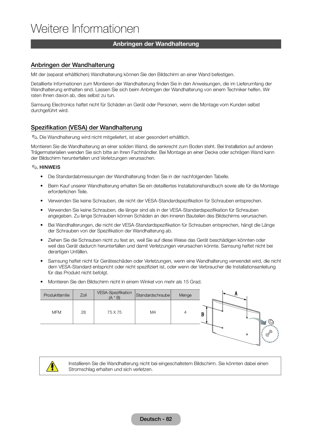 Samsung LT28C570EW/EN manual Anbringen der Wandhalterung, Spezifikation Vesa der Wandhalterung, Entsprechen, Schrauben 