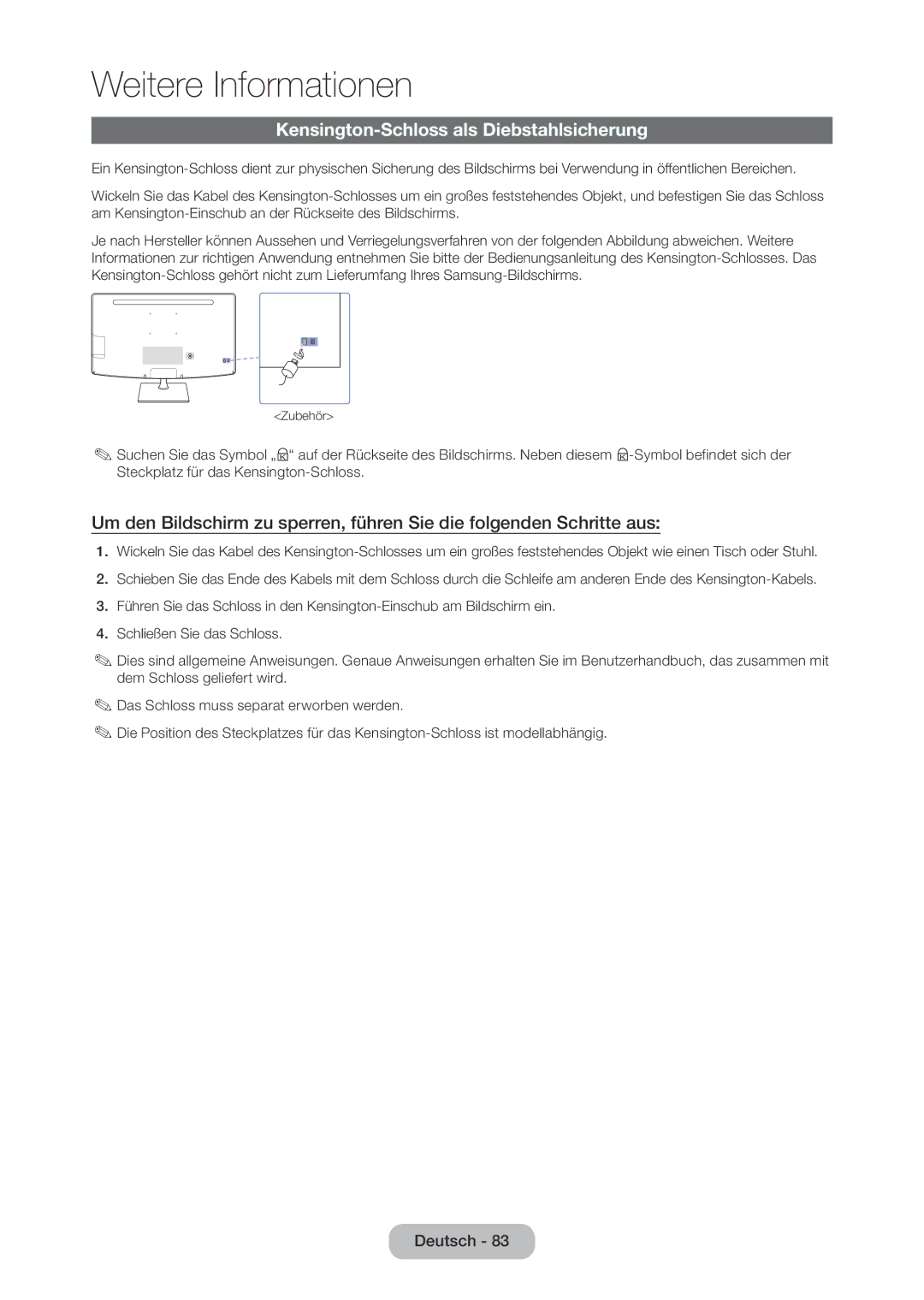 Samsung LT28C570EW/EN manual Kensington-Schloss als Diebstahlsicherung 