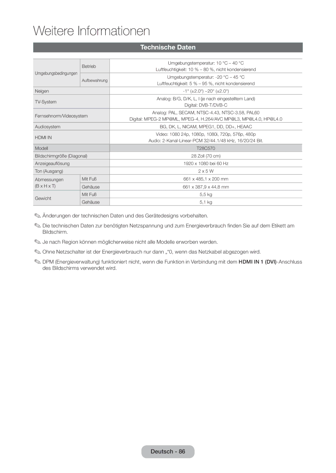 Samsung LT28C570EW/EN manual Technische Daten, Betrieb Umgebungstemperatur 10 C 40 C 