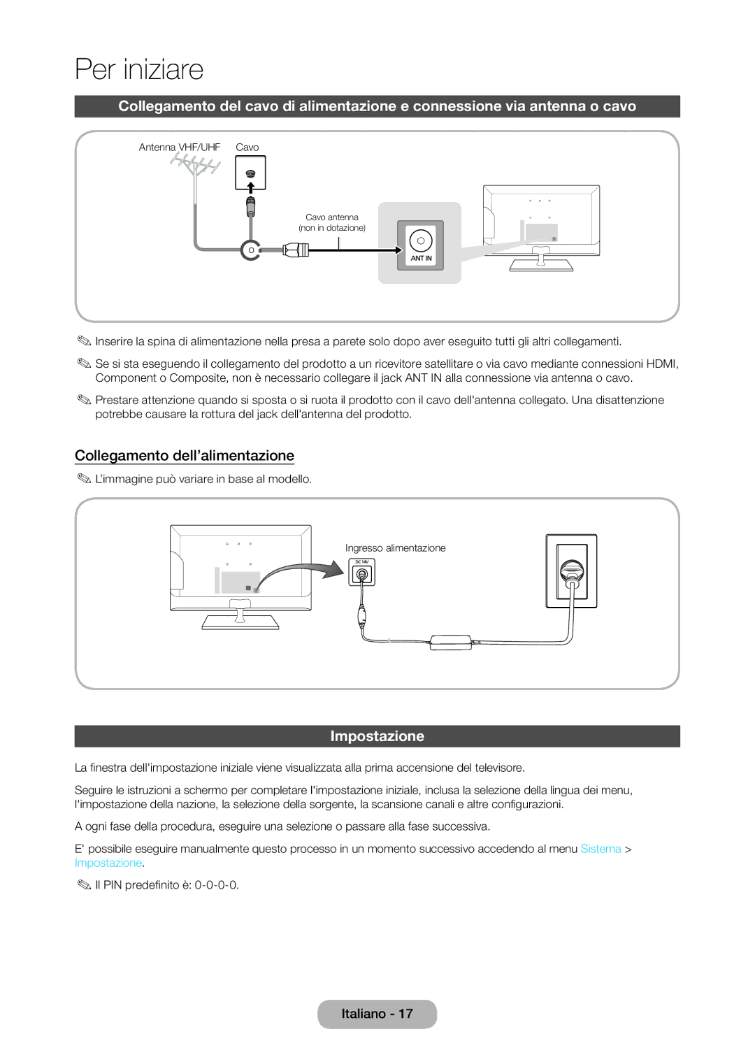 Samsung LT28C570EW/EN manual Collegamento dell’alimentazione, Impostazione 