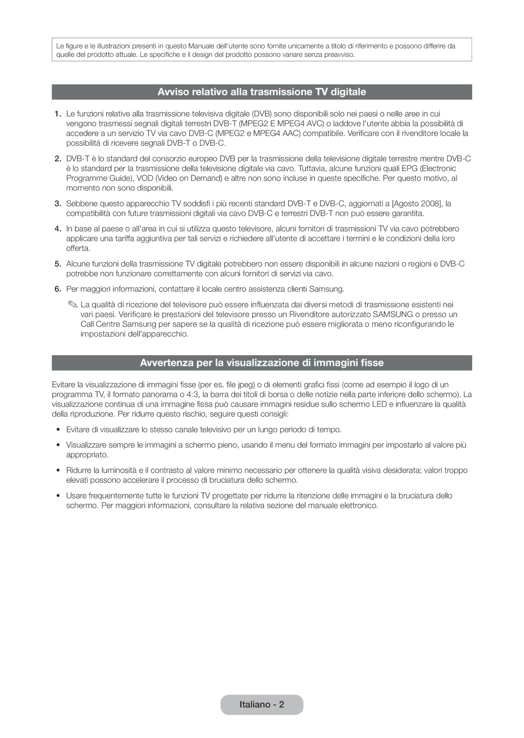 Samsung LT28C570EW/EN Avviso relativo alla trasmissione TV digitale, Avvertenza per la visualizzazione di immagini fisse 